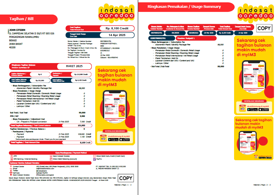 Indonesia Indosat Ooredoo utility bill template in Word and PDF formats, 2 pages